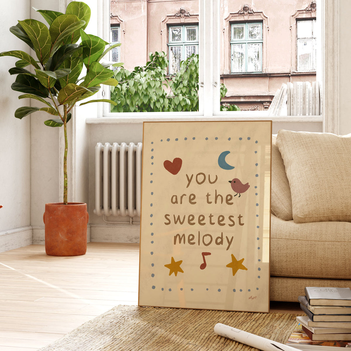 Hand-drawn kids quote poster with You Are the Sweetest Melody lettering on a warm cream background.