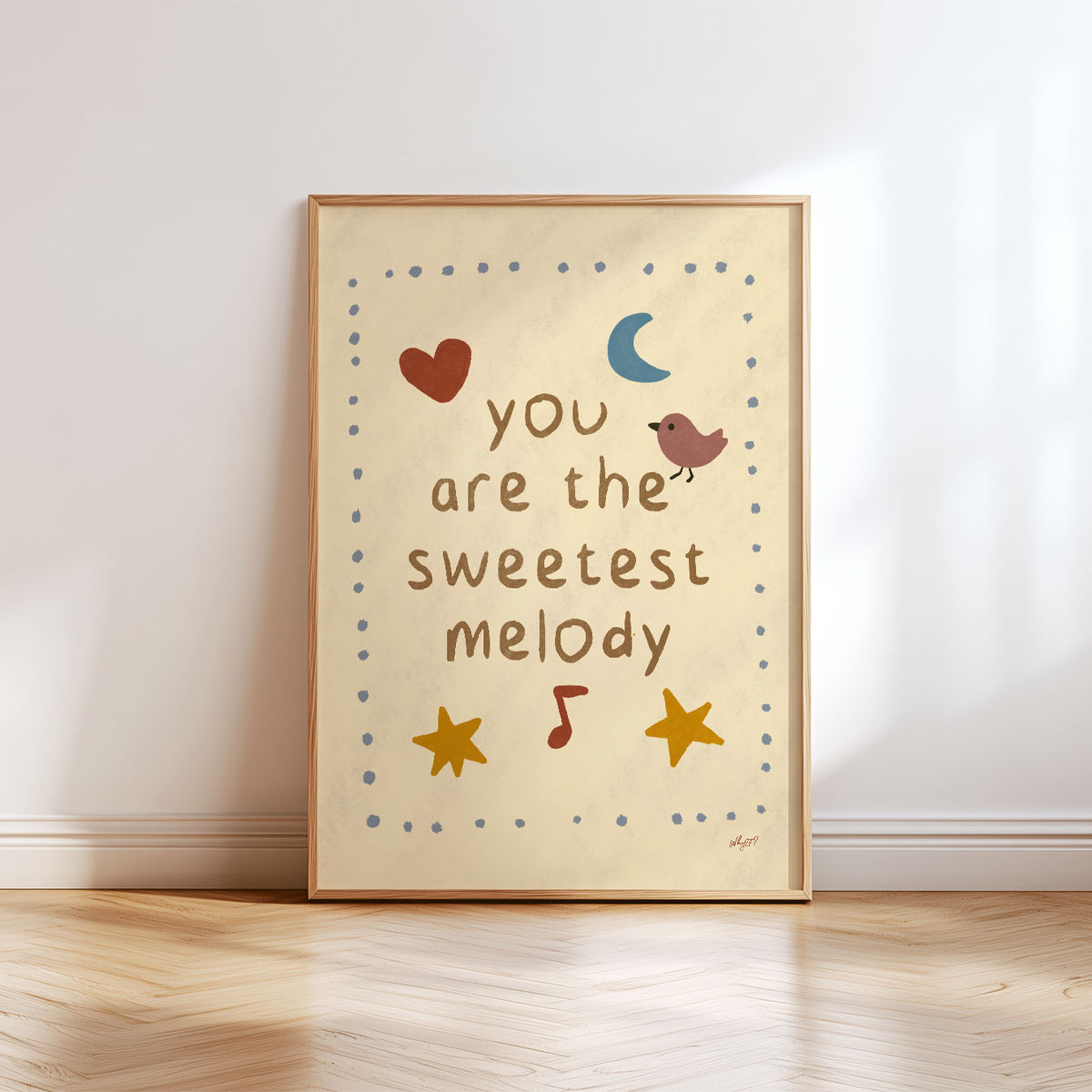 Positive kids wall art featuring the quote You Are the Sweetest Melody with playful hand-drawn illustrations.
