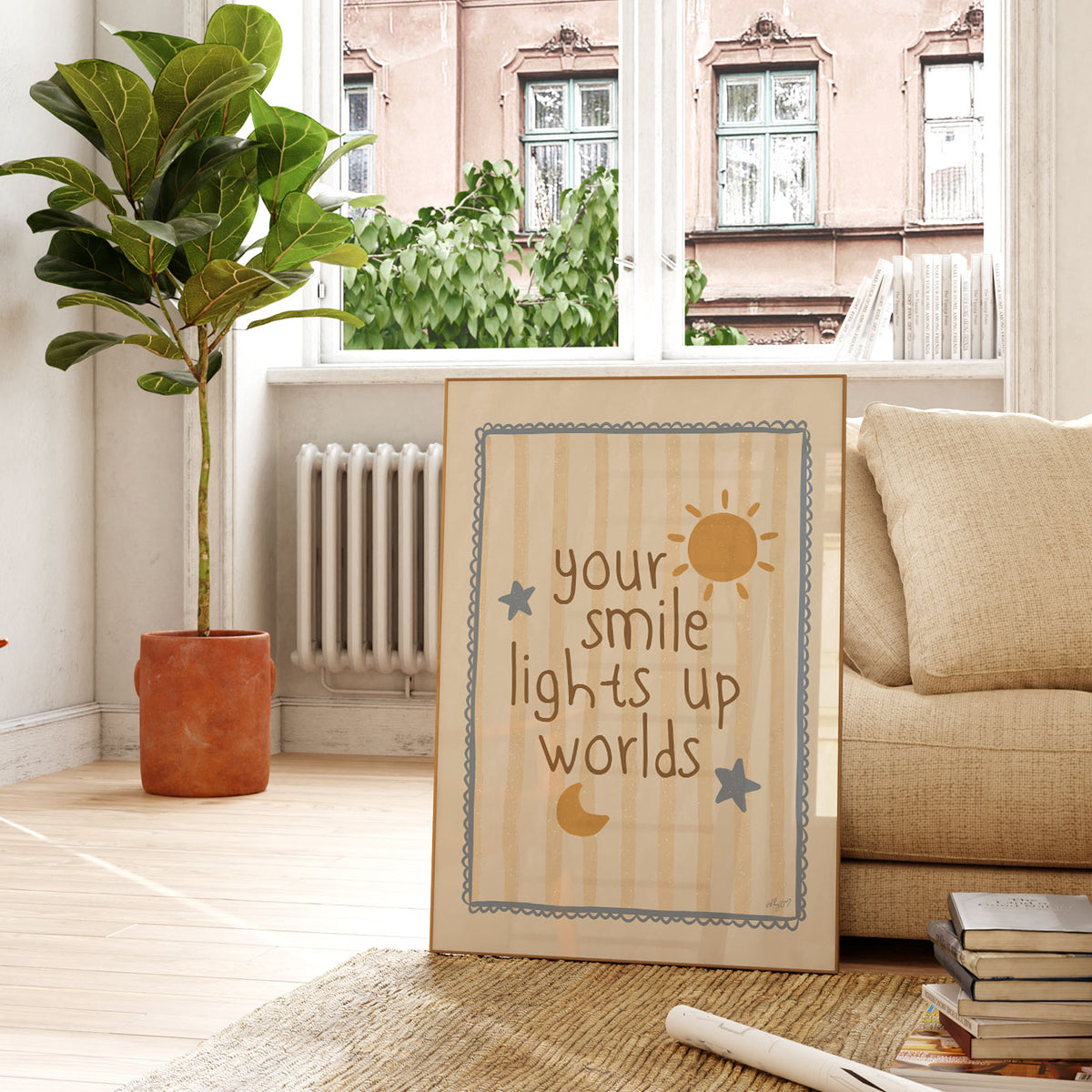 Hand-lettered positive affirmation poster for kids with smiling sun, moon and star illustrations.