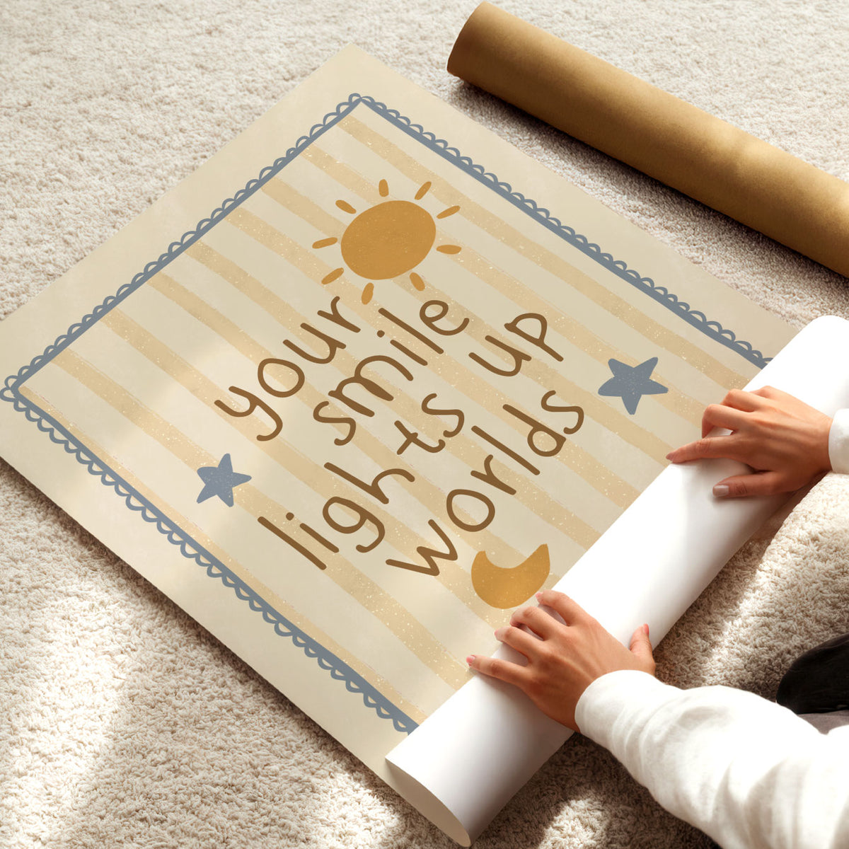 Whimsical motivational kids poster with Your Smile Lights Up Worlds quote and decorative blue border.