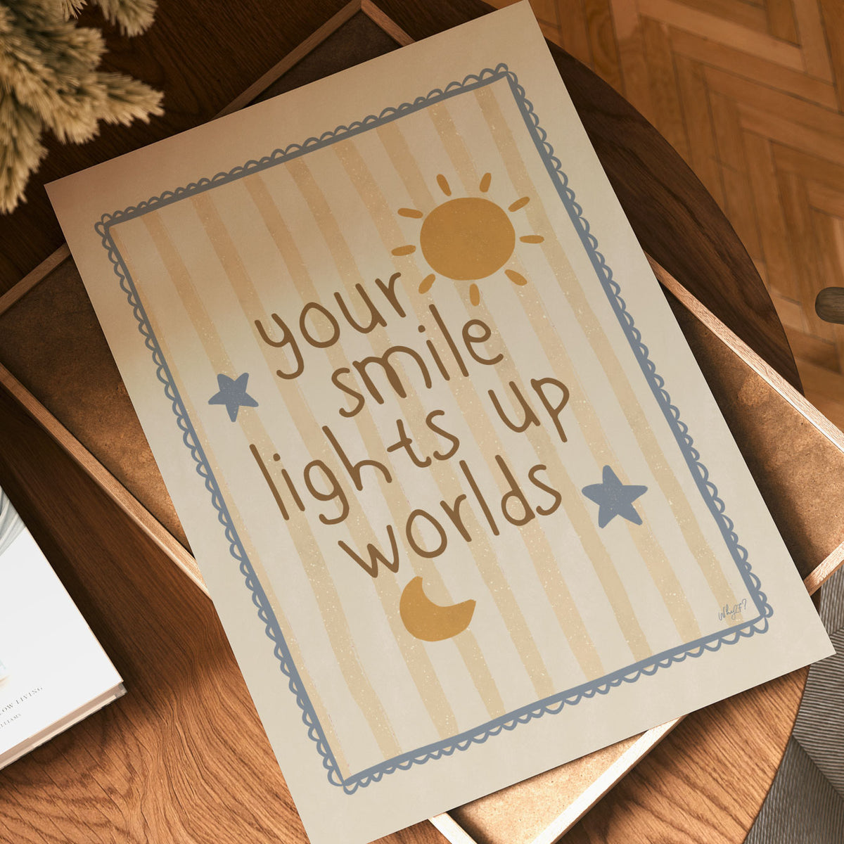 Your Smile Lights Up Worlds nursery wall art in warm beige, golden yellow and muted blue tones.