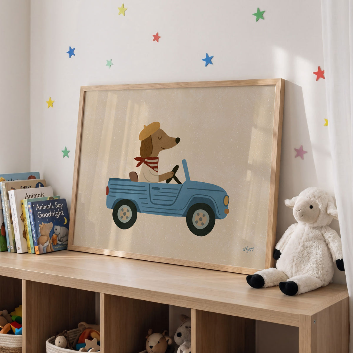 Landscape poster of a dog in a beret driving an open blue jeep