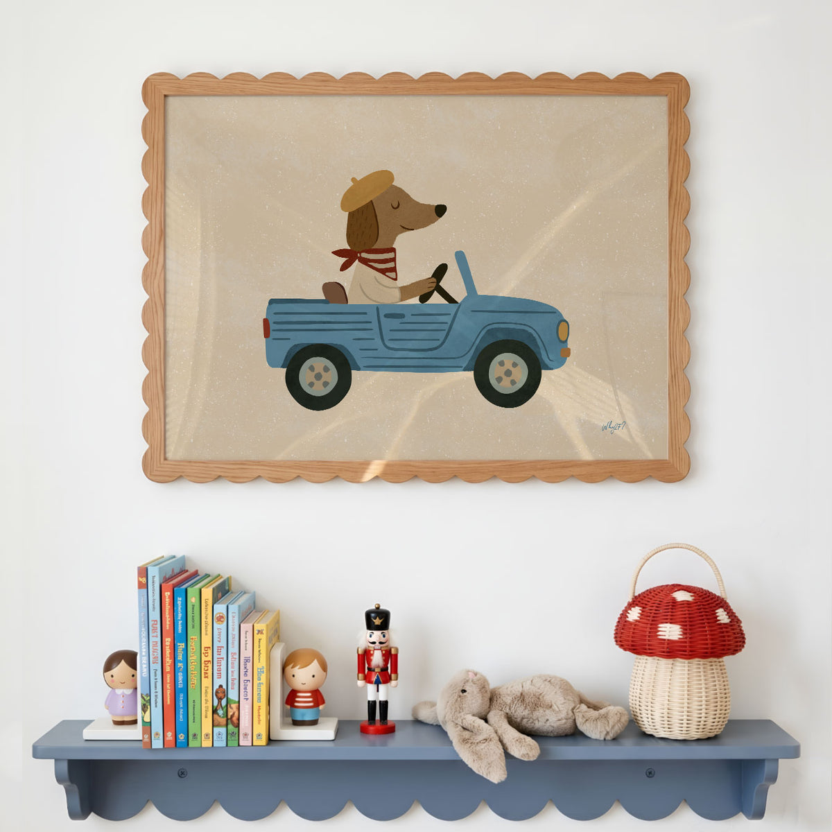 Landscape poster of a dog in a beret driving an open blue jeep