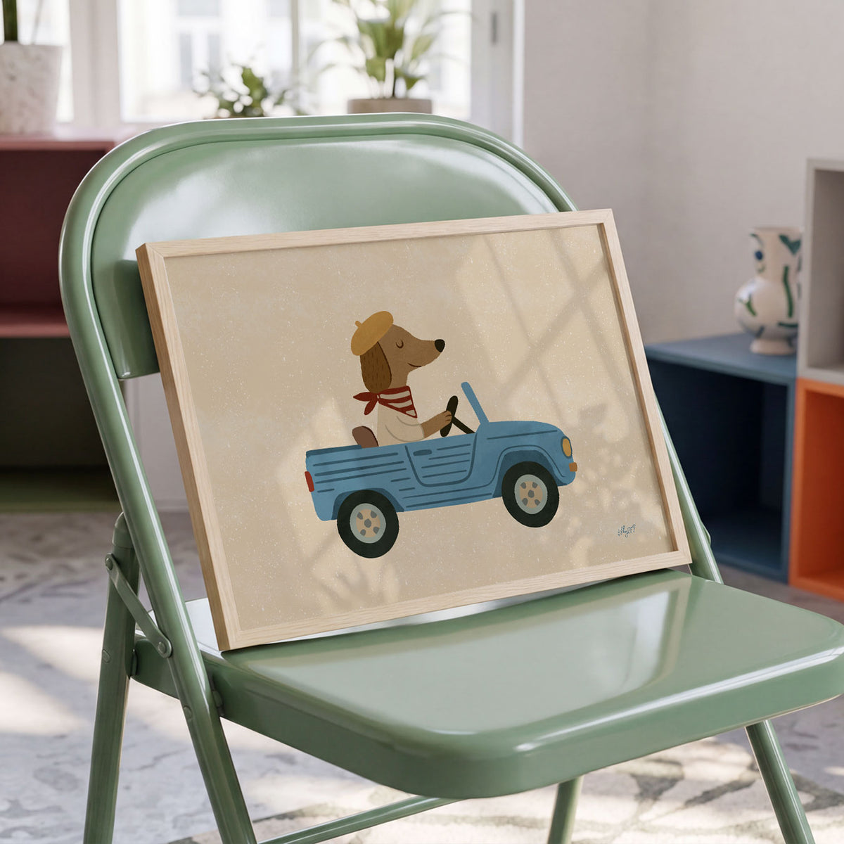Landscape poster of a dog in a beret driving an open blue jeep