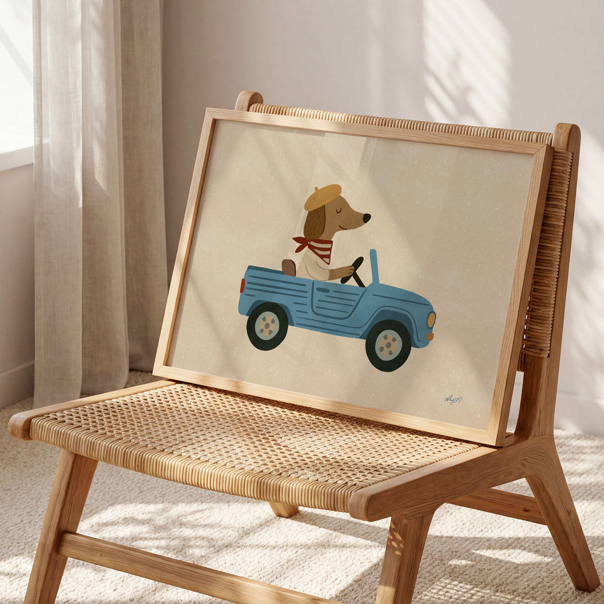Landscape poster of a dog in a beret driving an open blue jeep
