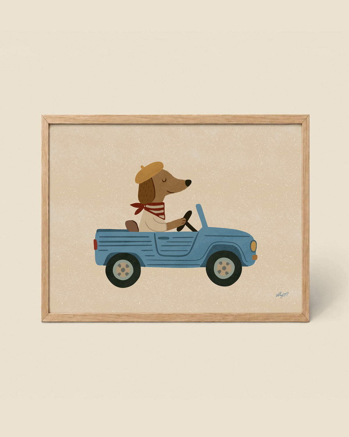 Dog In A Blue Jeep Poster framed in a natural wood frame
