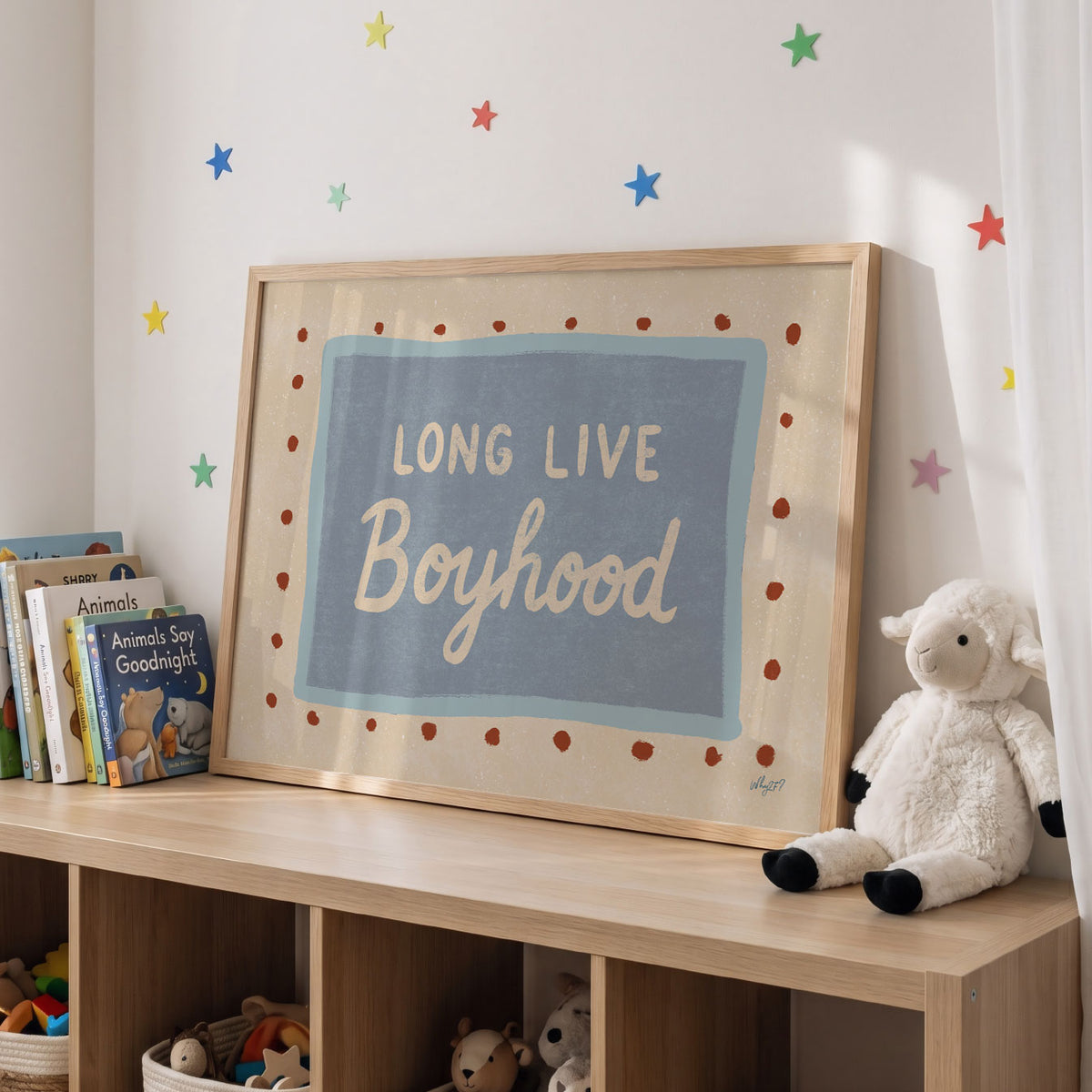 Landscape poster with the words long live boyhood on a blue panel with dotted border