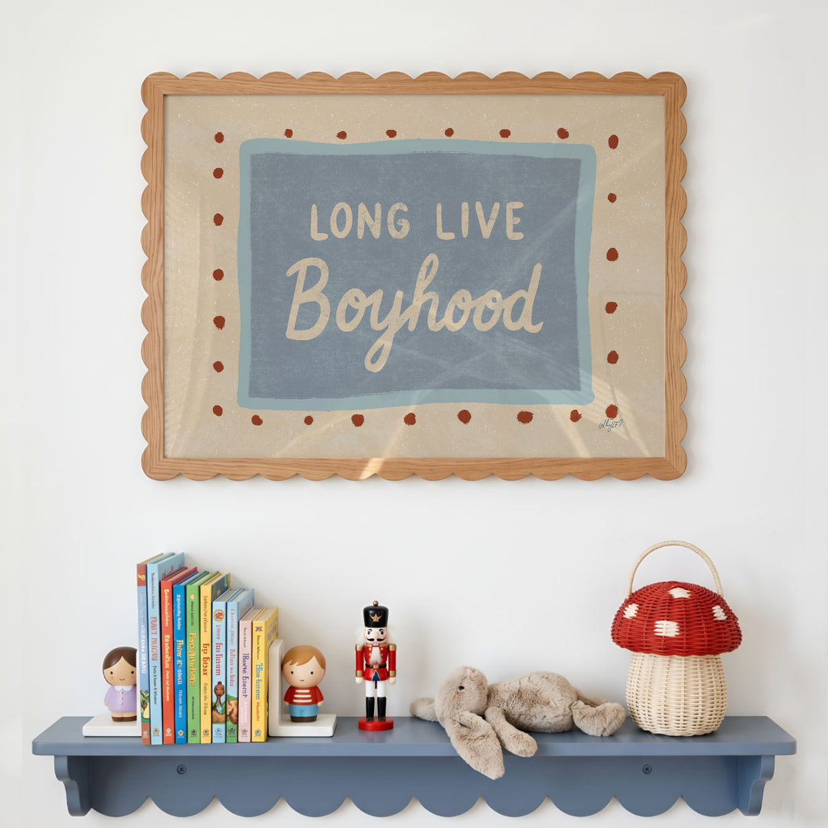 Landscape poster with the words long live boyhood on a blue panel with dotted border