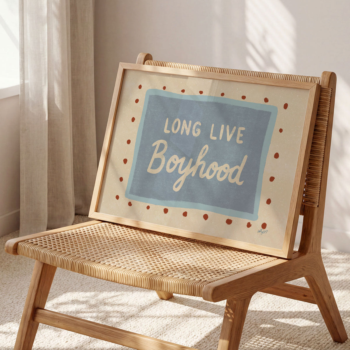 Landscape poster with the words long live boyhood on a blue panel with dotted border
