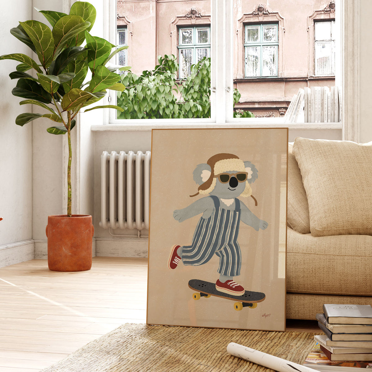 Playful koala riding a skateboard in retro striped clothing and red trainers on a neutral background.
