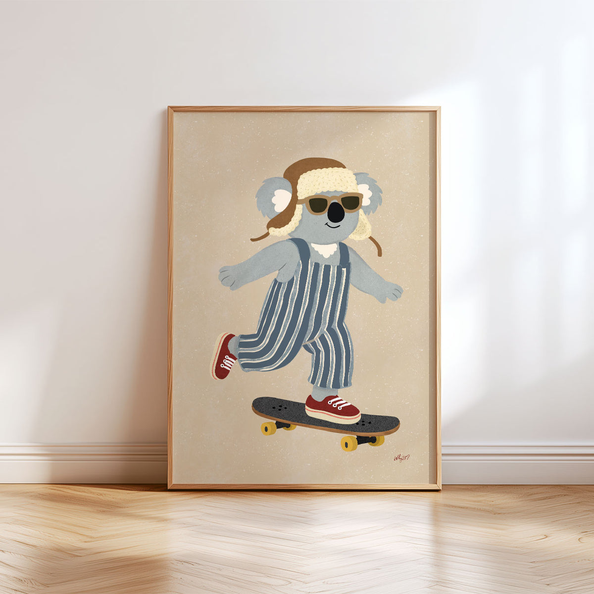 Hand-drawn koala skateboard poster in soft blue and beige tones for a kids bedroom, nursery or playroom.