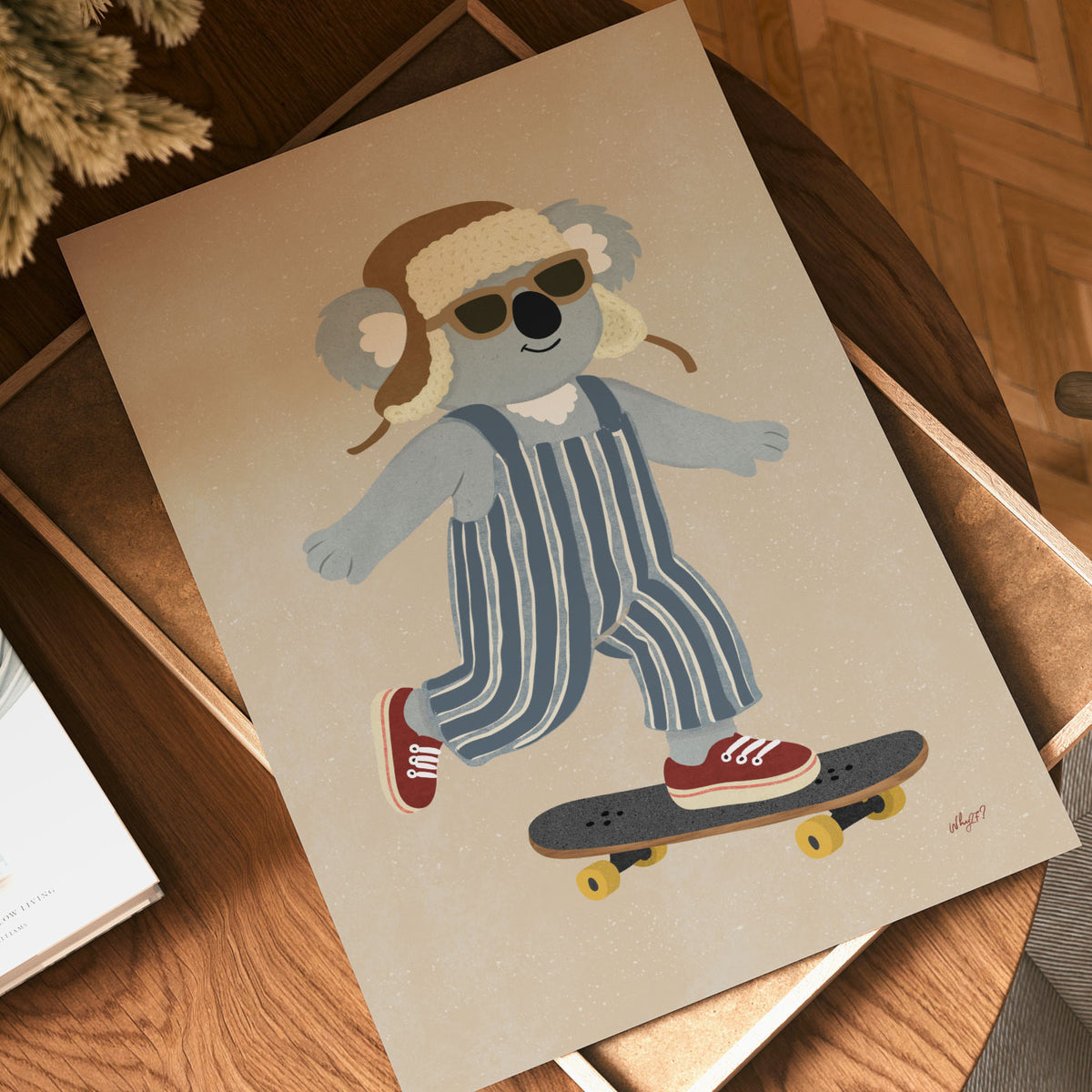 Cool koala skater kids wall art with red sneakers, sunglasses and blue striped overalls.
