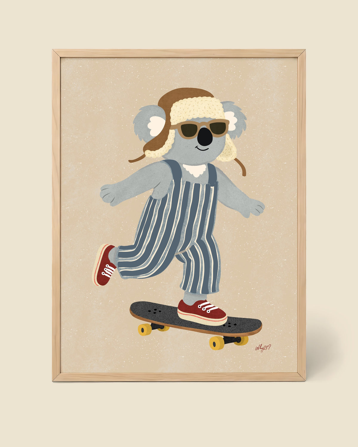 Skater Koala Stripes Poster framed in a natural wood frame