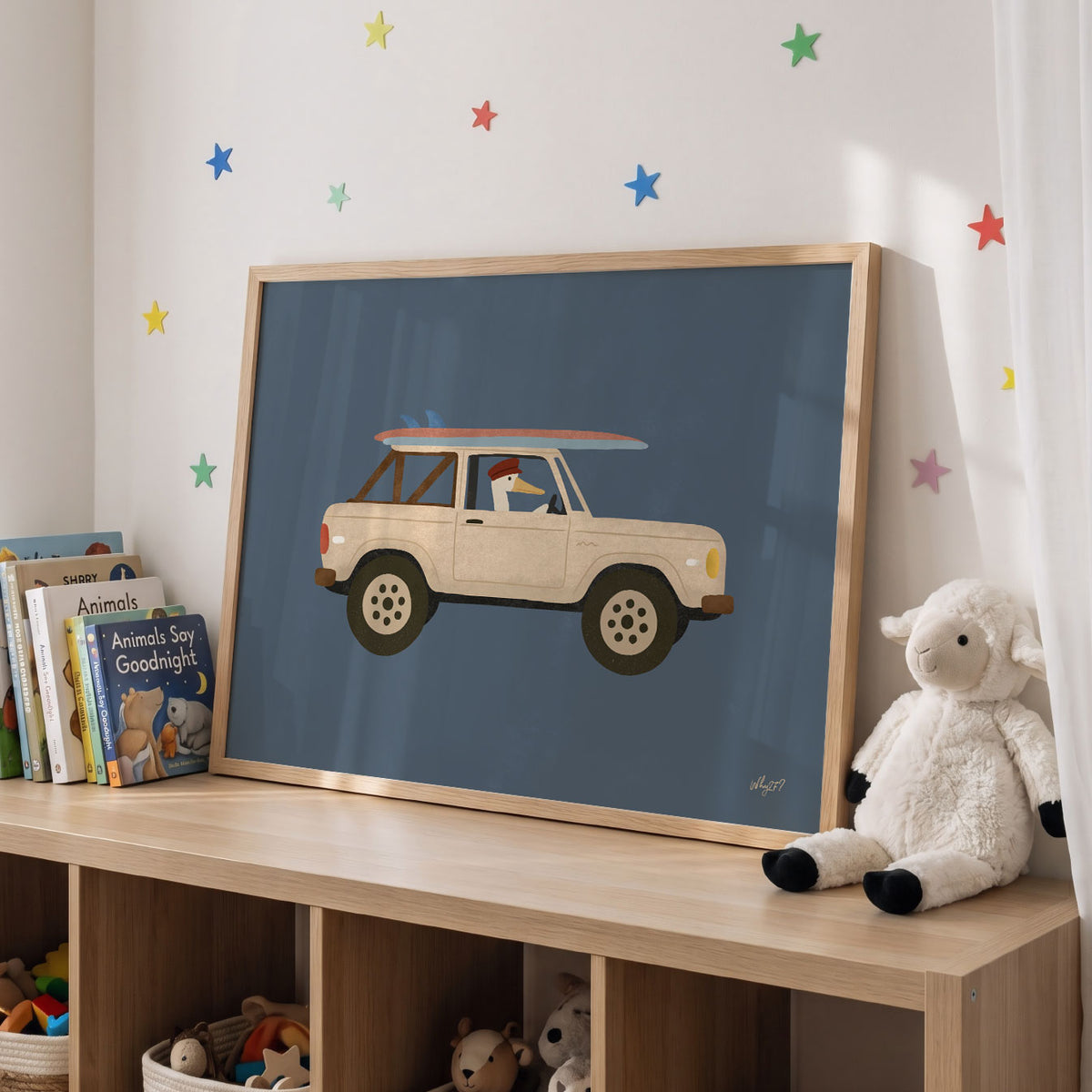 Landscape poster of a cream vintage truck with surfboards against a navy background