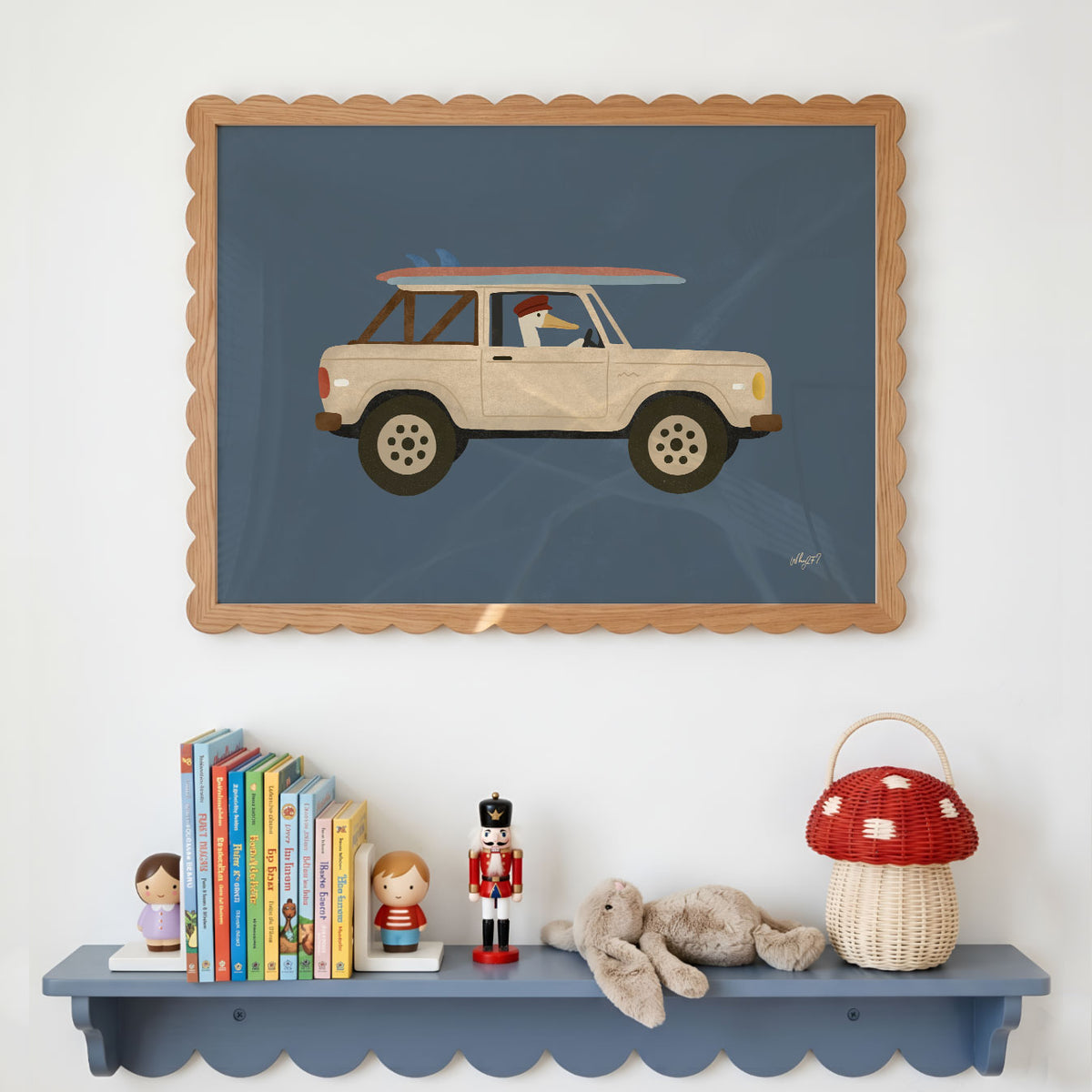 Landscape poster of a cream vintage truck with surfboards against a navy background