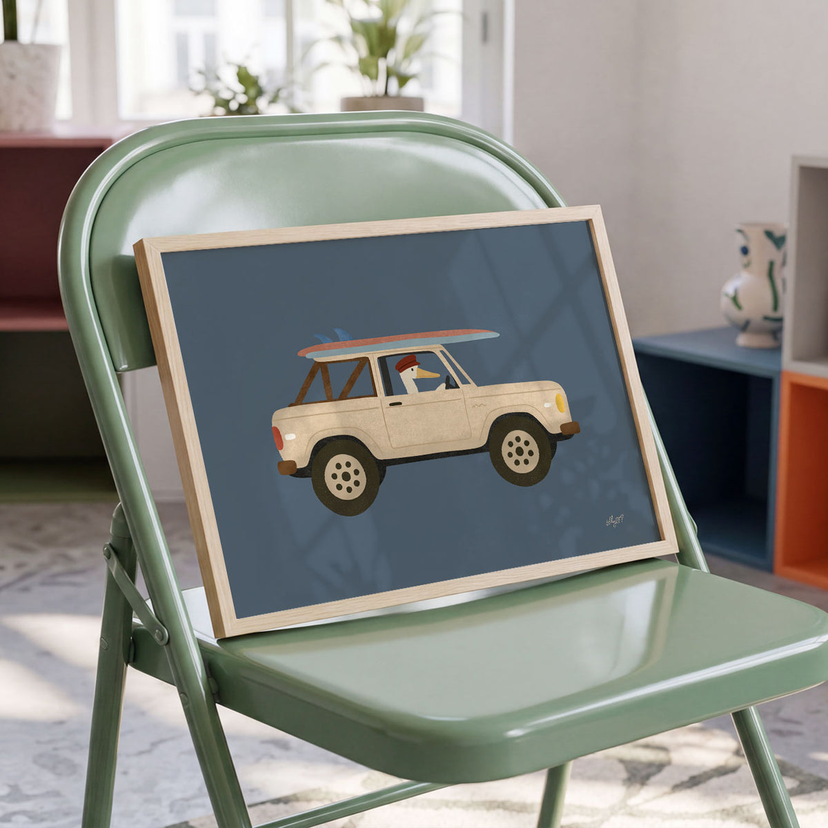 Landscape poster of a cream vintage truck with surfboards against a navy background