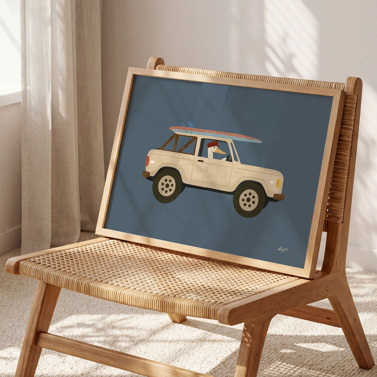 Landscape poster of a cream vintage truck with surfboards against a navy background