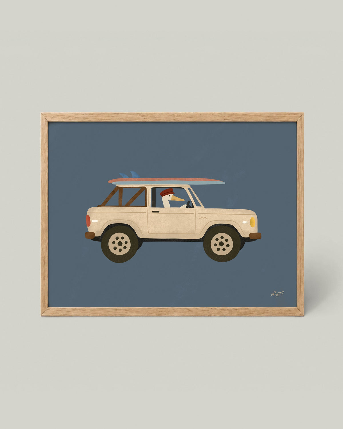 Surf Truck Navy Poster framed in a natural wood frame