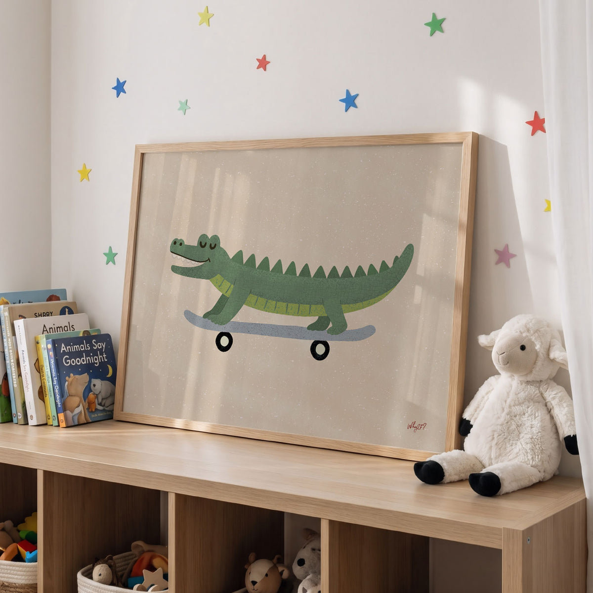 Landscape poster of a long crocodile on a skateboard against a sand background