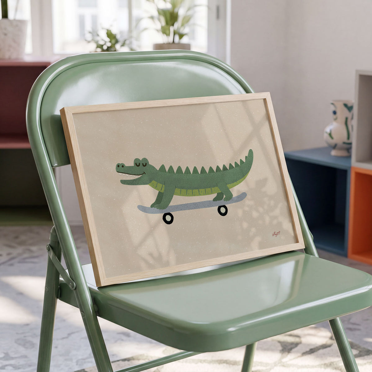 Landscape poster of a long crocodile on a skateboard against a sand background