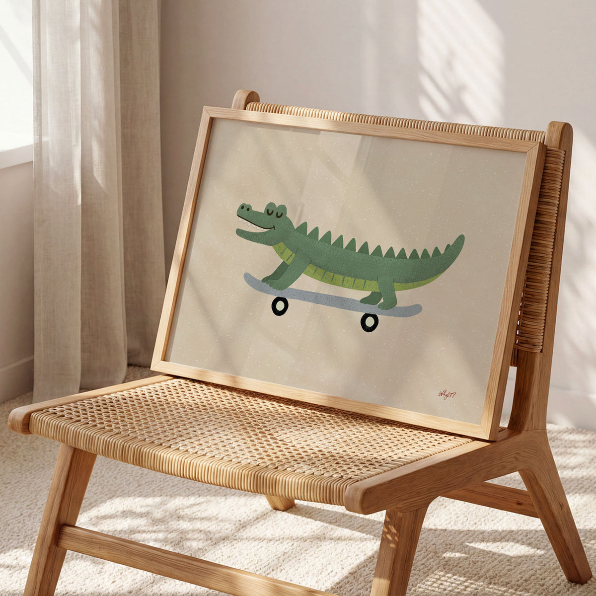 Landscape poster of a long crocodile on a skateboard against a sand background