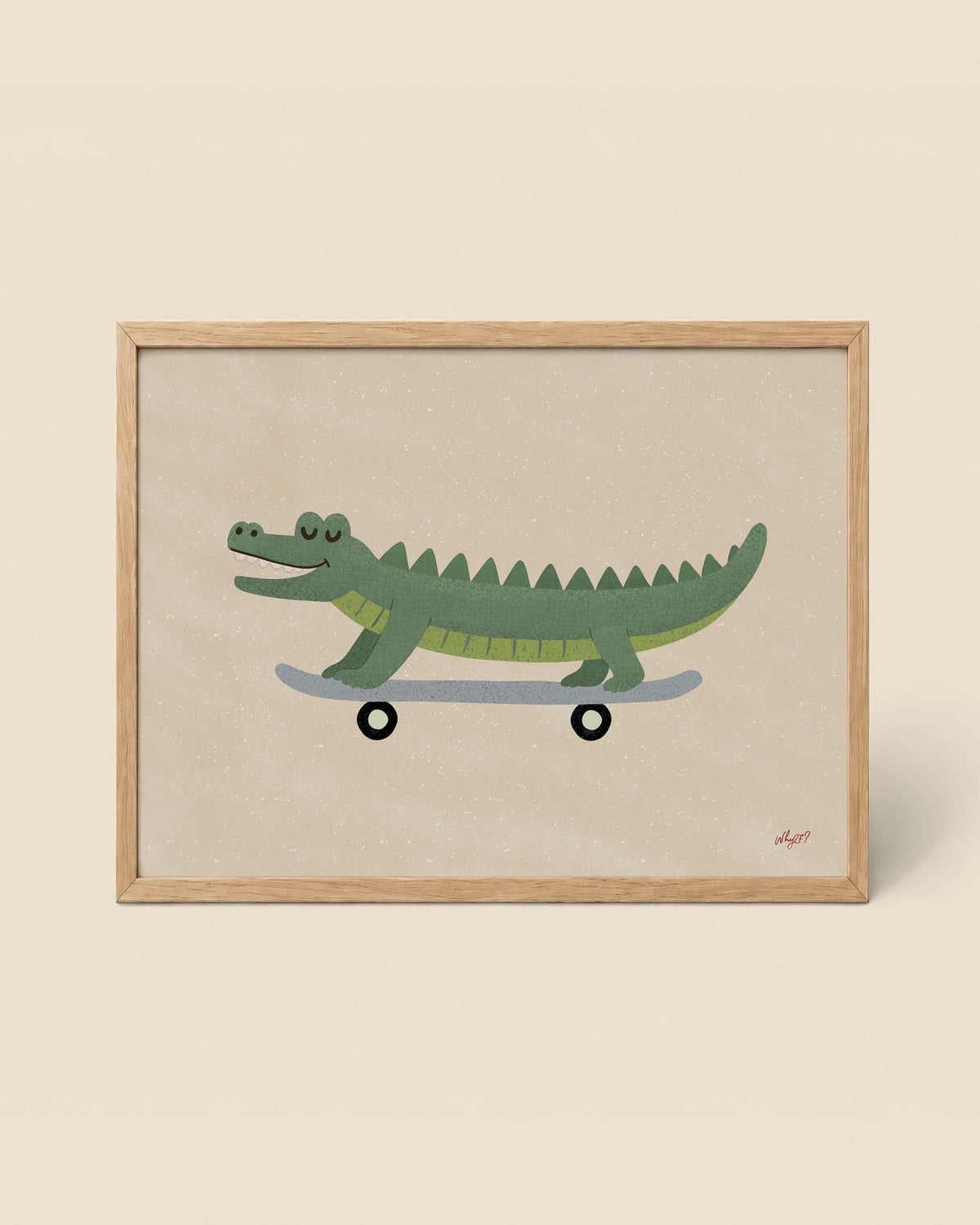 Skating Crocodile Sand Poster framed in a natural wood frame