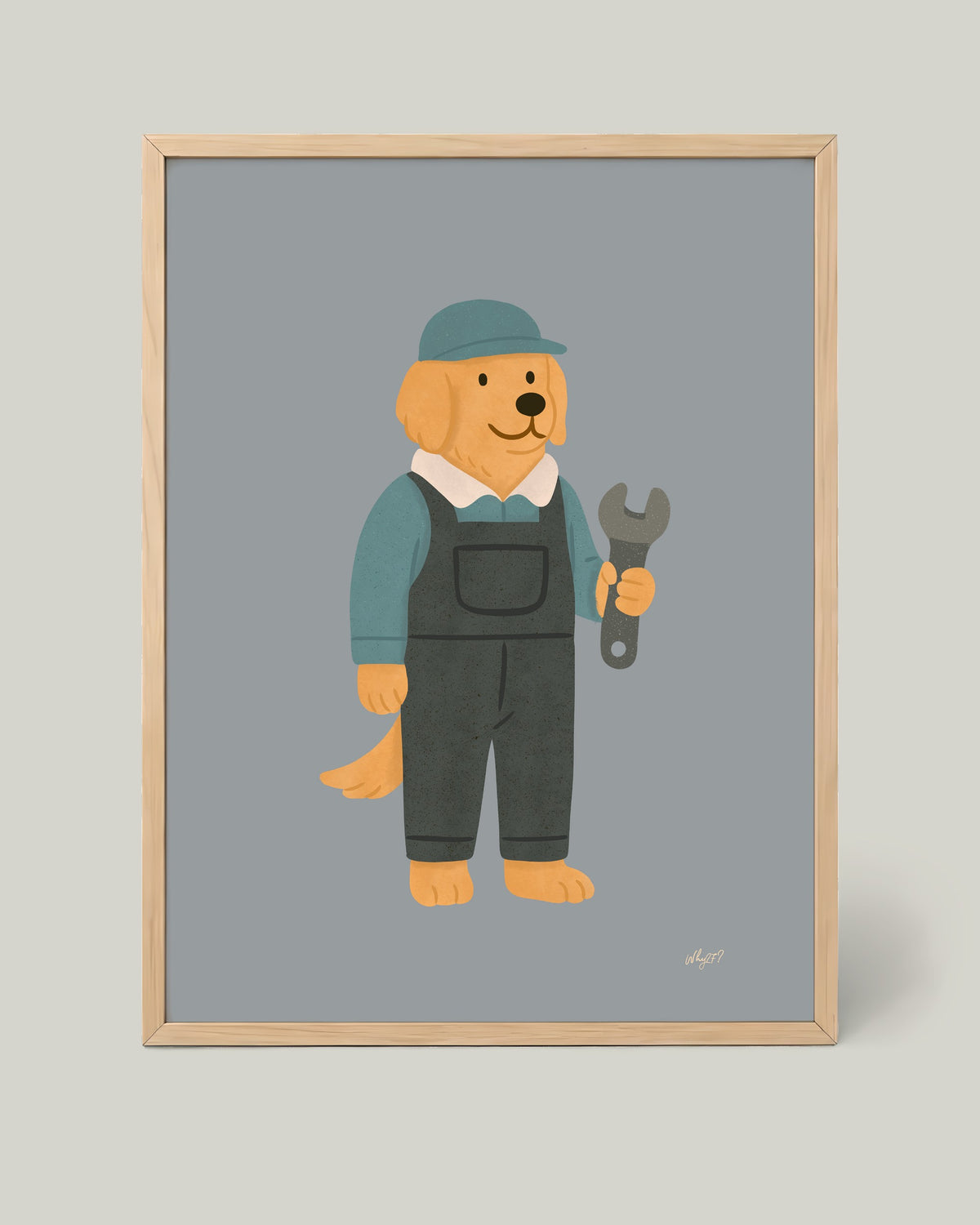 Work Dog Poster framed in a natural wood frame
