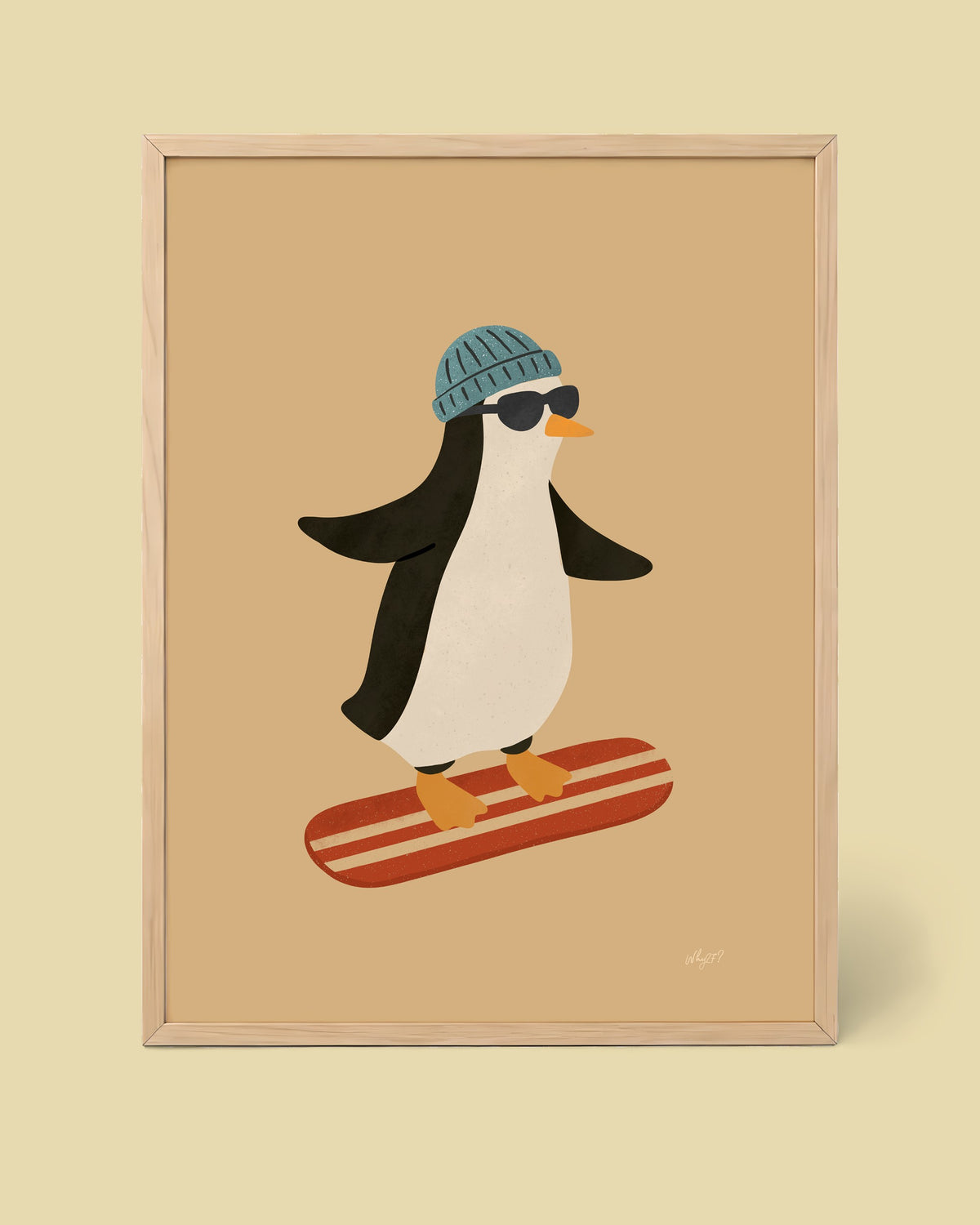 Snowboard Penguin Poster framed in a natural wood frame