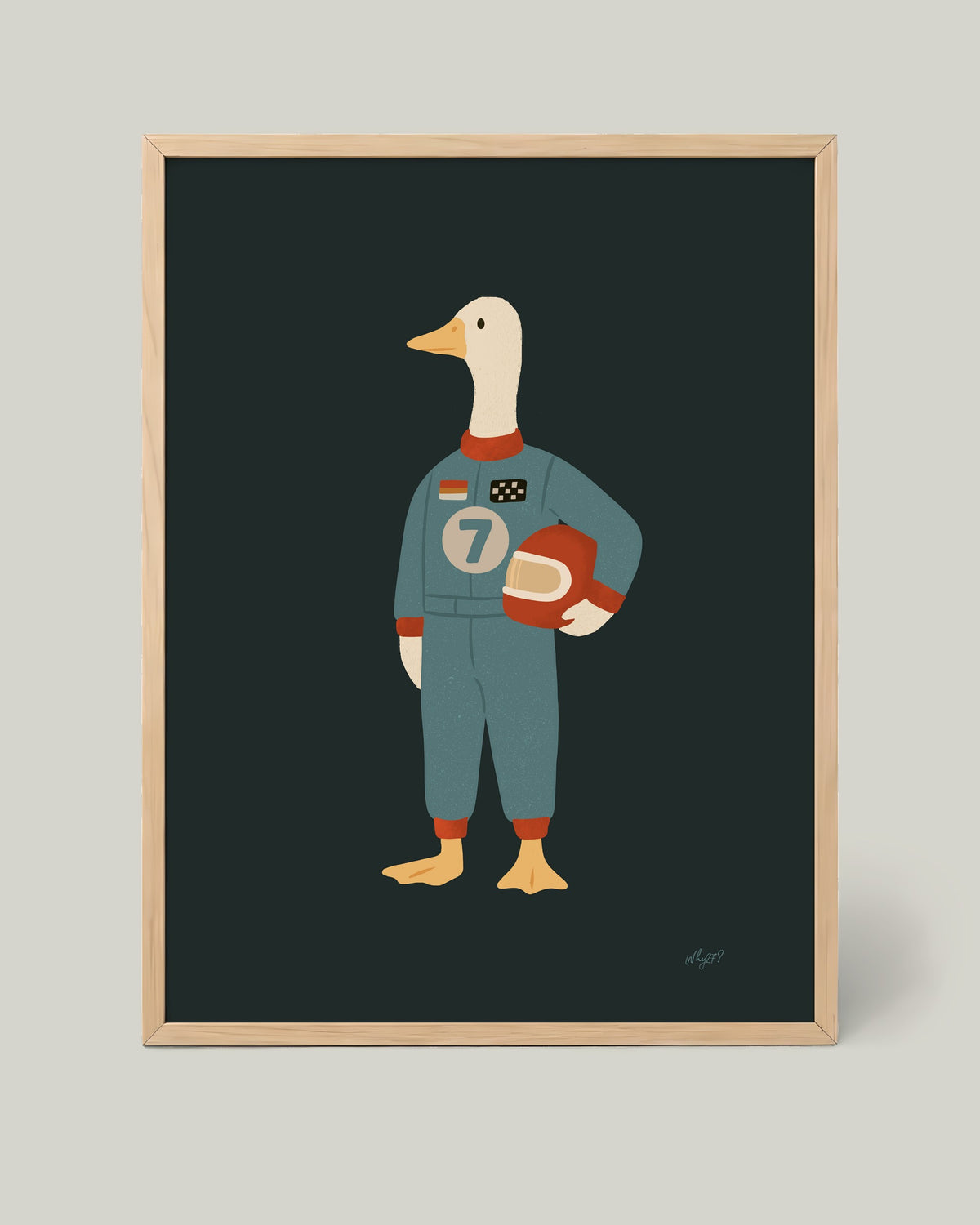 Little Racer Goose Poster framed in a natural wood frame