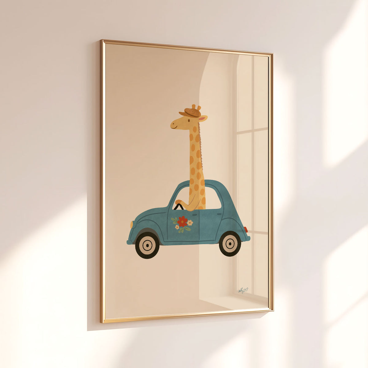 Giraffe In A Car Poster