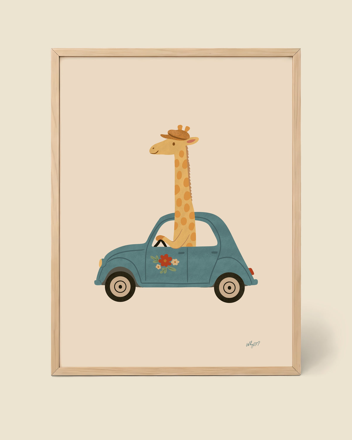 Giraffe In A Car Poster framed in a natural wood frame
