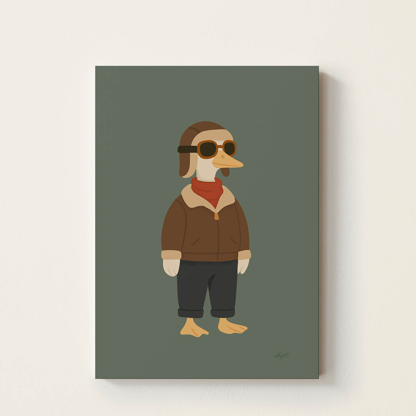 Hand-drawn goose wearing a vintage aviator helmet, goggles, leather flight jacket, and scarf, retro-inspired kids wall art for nurseries, bedrooms, playrooms, and reading corners.