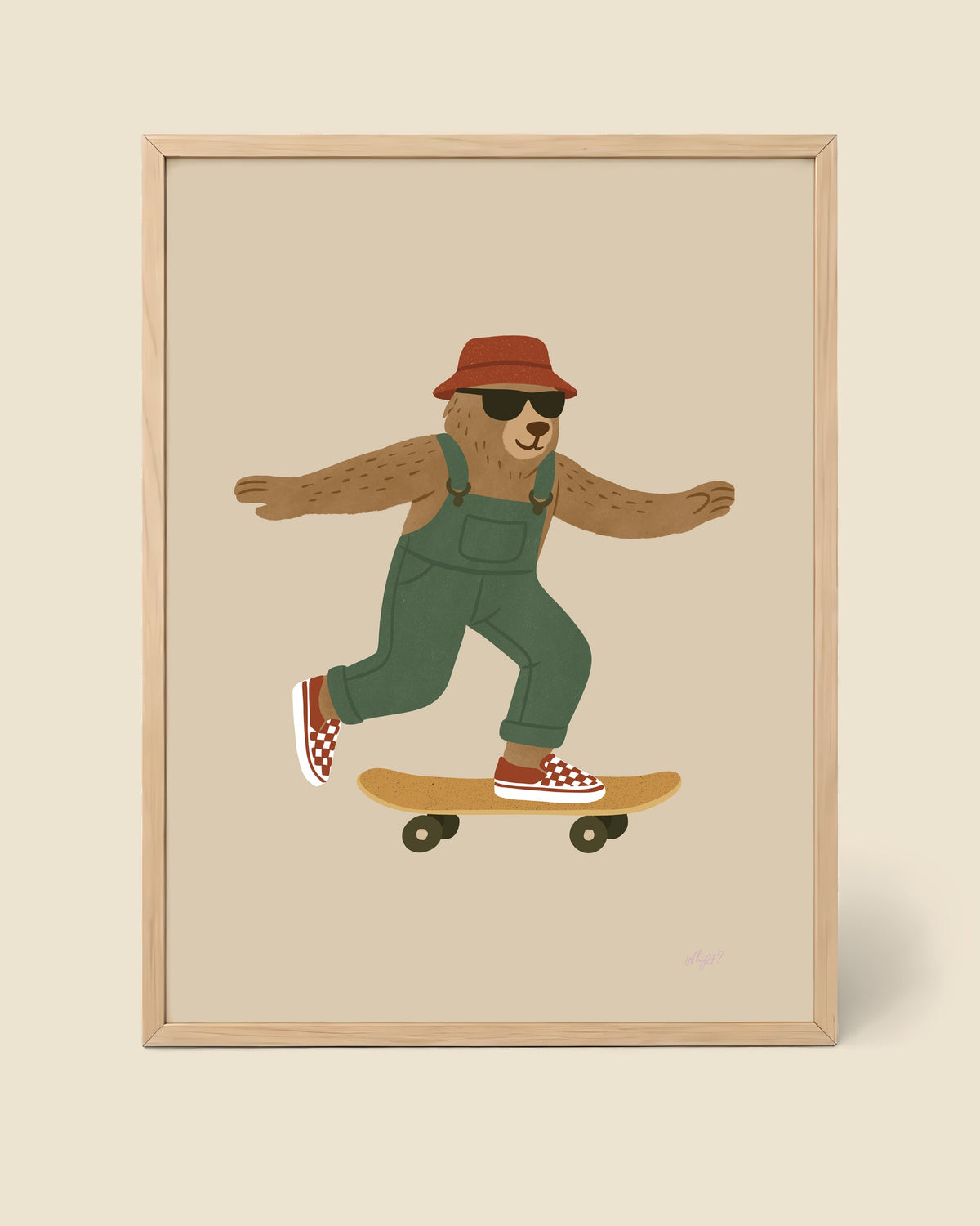 Skater Bear Poster framed in a natural wood frame