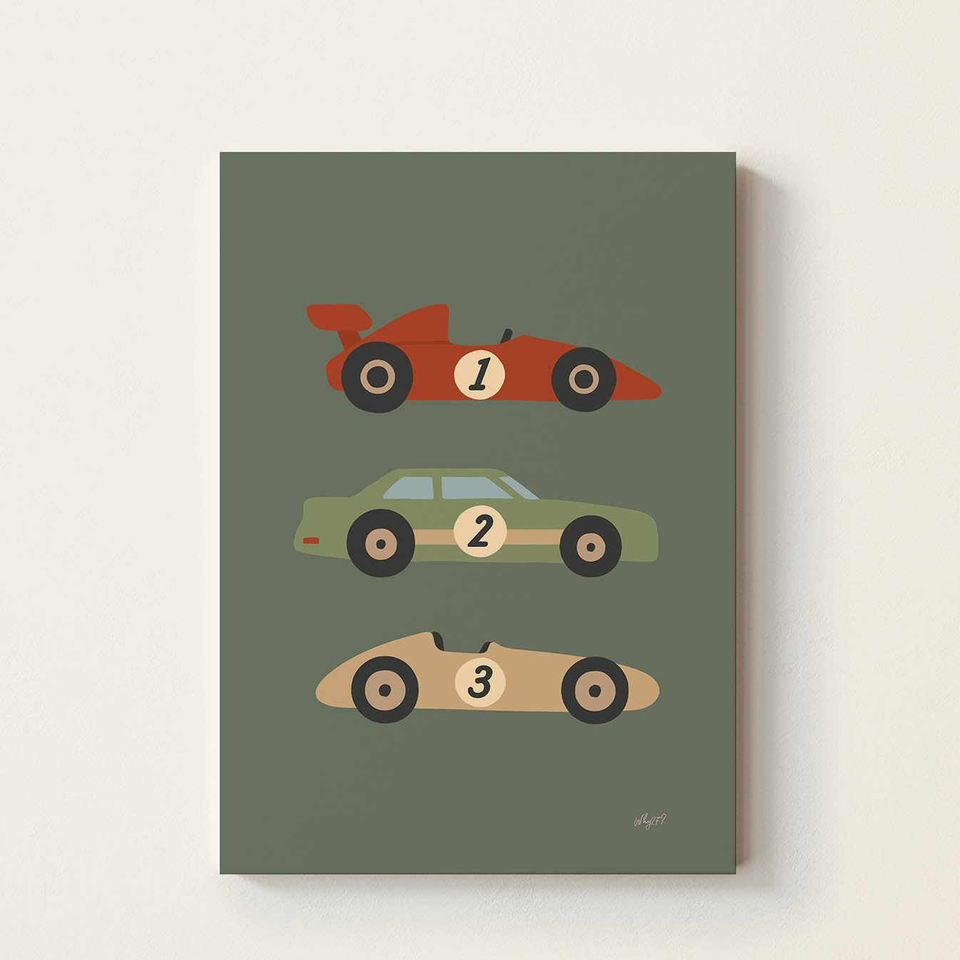 Hand-drawn poster featuring three minimalist vintage race cars in retro colours, children's wall art for nurseries, bedrooms, playrooms, and vehicle-themed rooms.