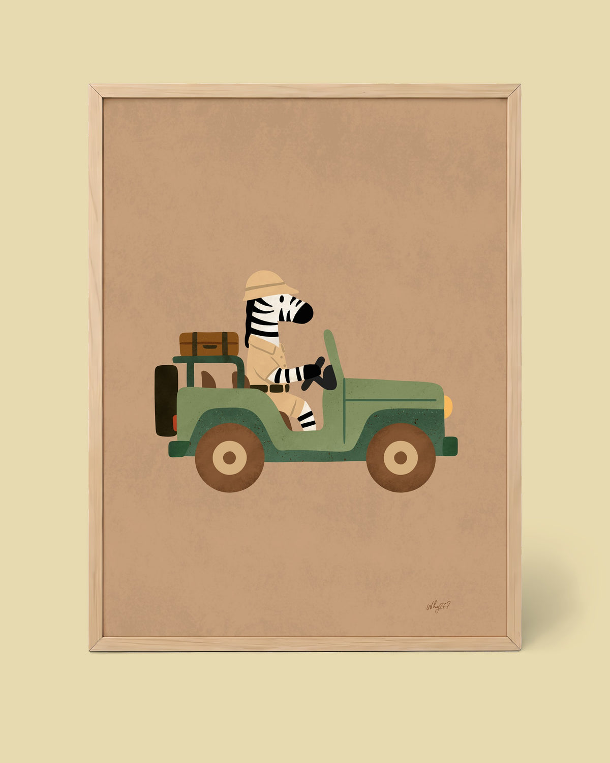 Zebra Jeep Poster framed in a natural wood frame