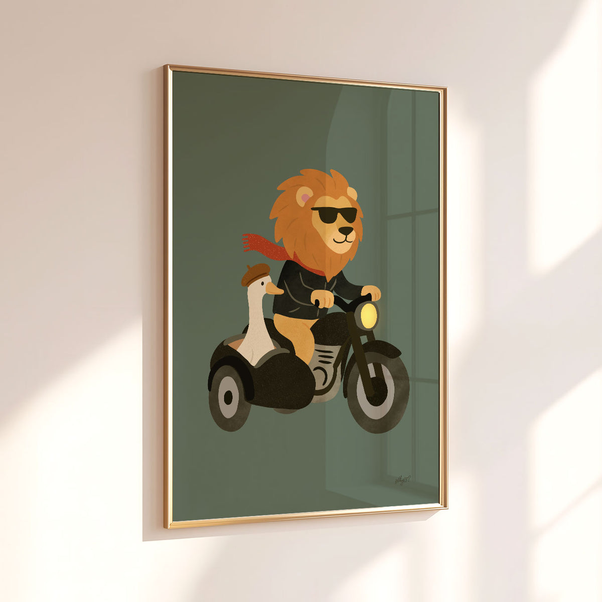 Lion motorcycle poster featuring a cool lion and goose riding together against a muted green background.