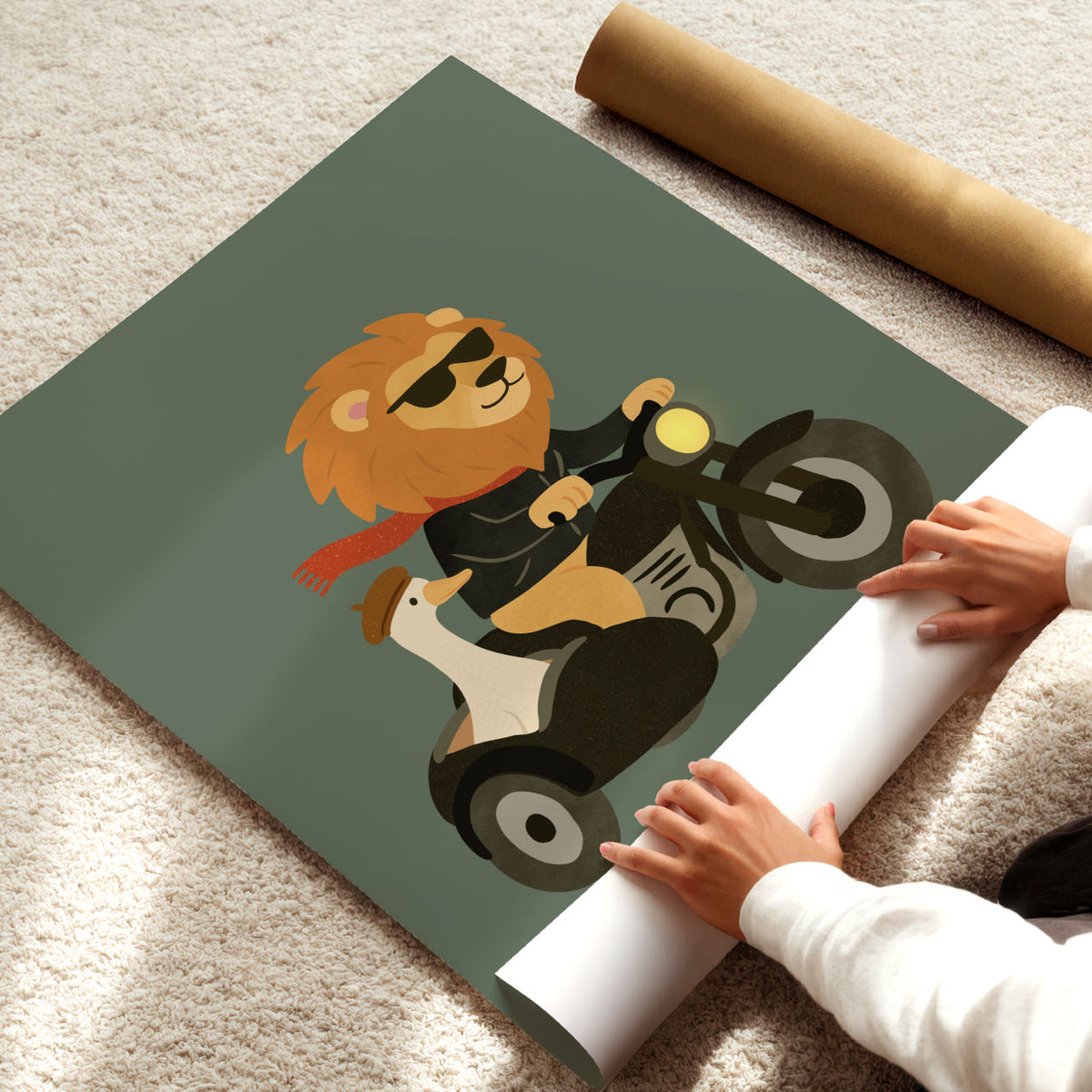 Motorcycle lion and goose poster for a kids bedroom or playroom with a fun road adventure theme.