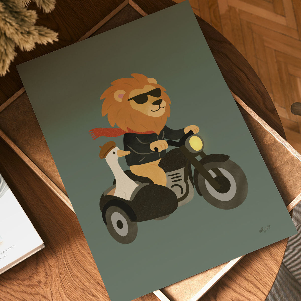 Hand-drawn animal adventure illustration featuring a lion on a motorcycle with a goose riding beside him.