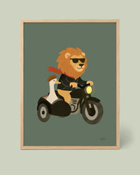 Affiche Lion à Moto - Aventure