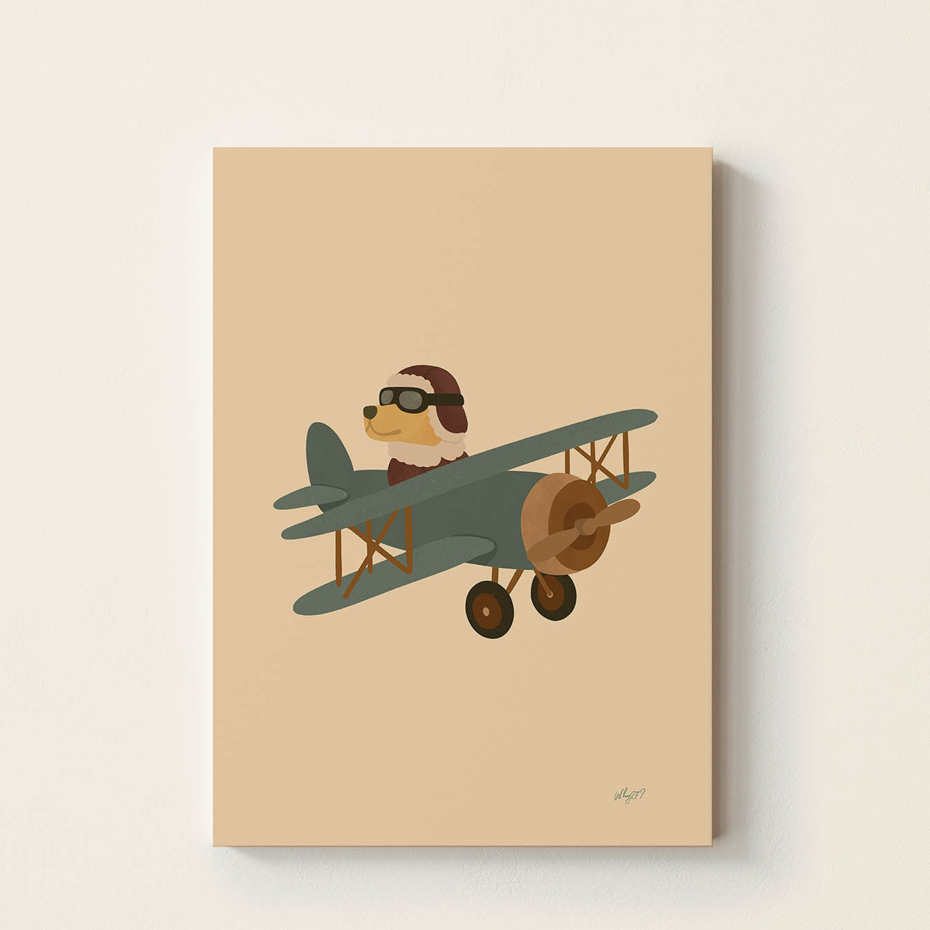 Hand-drawn dog wearing a vintage pilot helmet and goggles flying a classic biplane, retro-inspired airplane wall art for children's bedrooms, nurseries, playrooms, and reading corners.