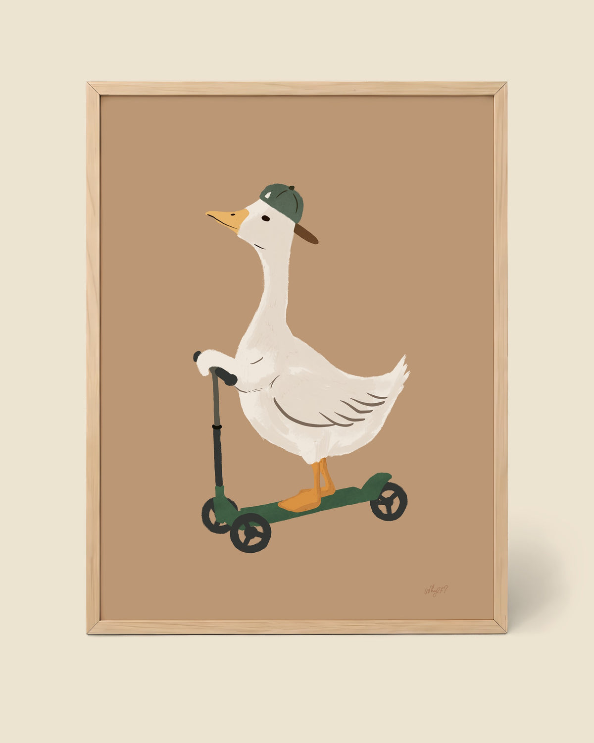 Scooter Duck Sand Poster framed in a natural wood frame