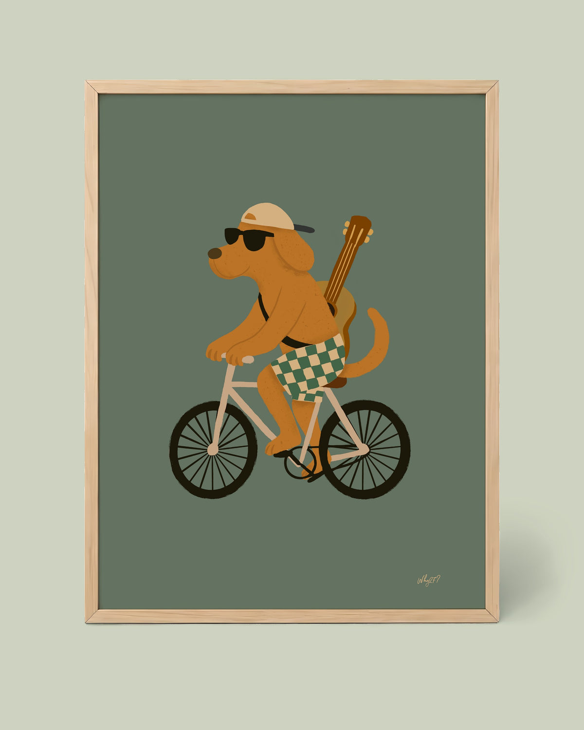 Bike Dog Green Poster framed in a natural wood frame