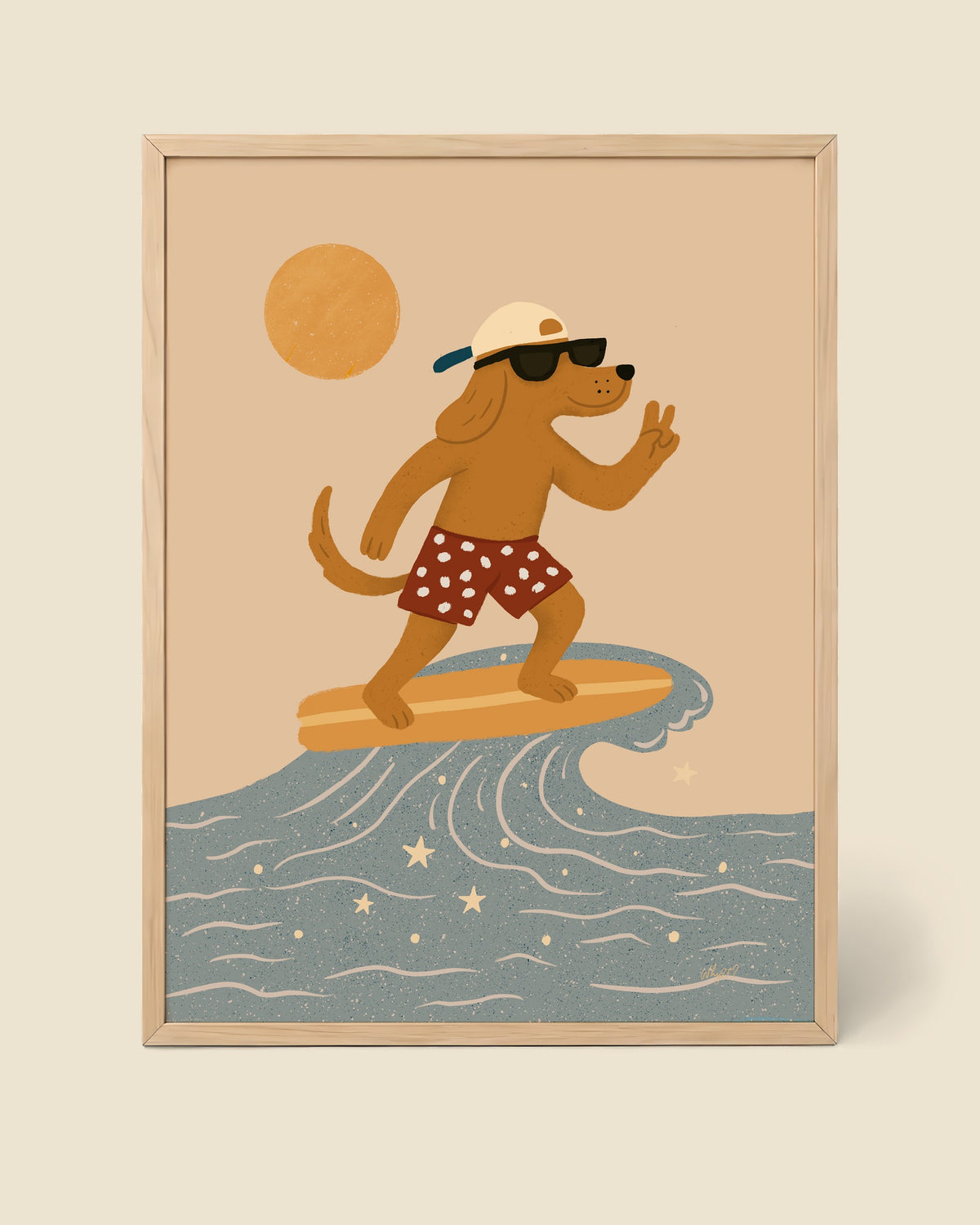 Surfer Dog Wave Poster framed in a natural wood frame