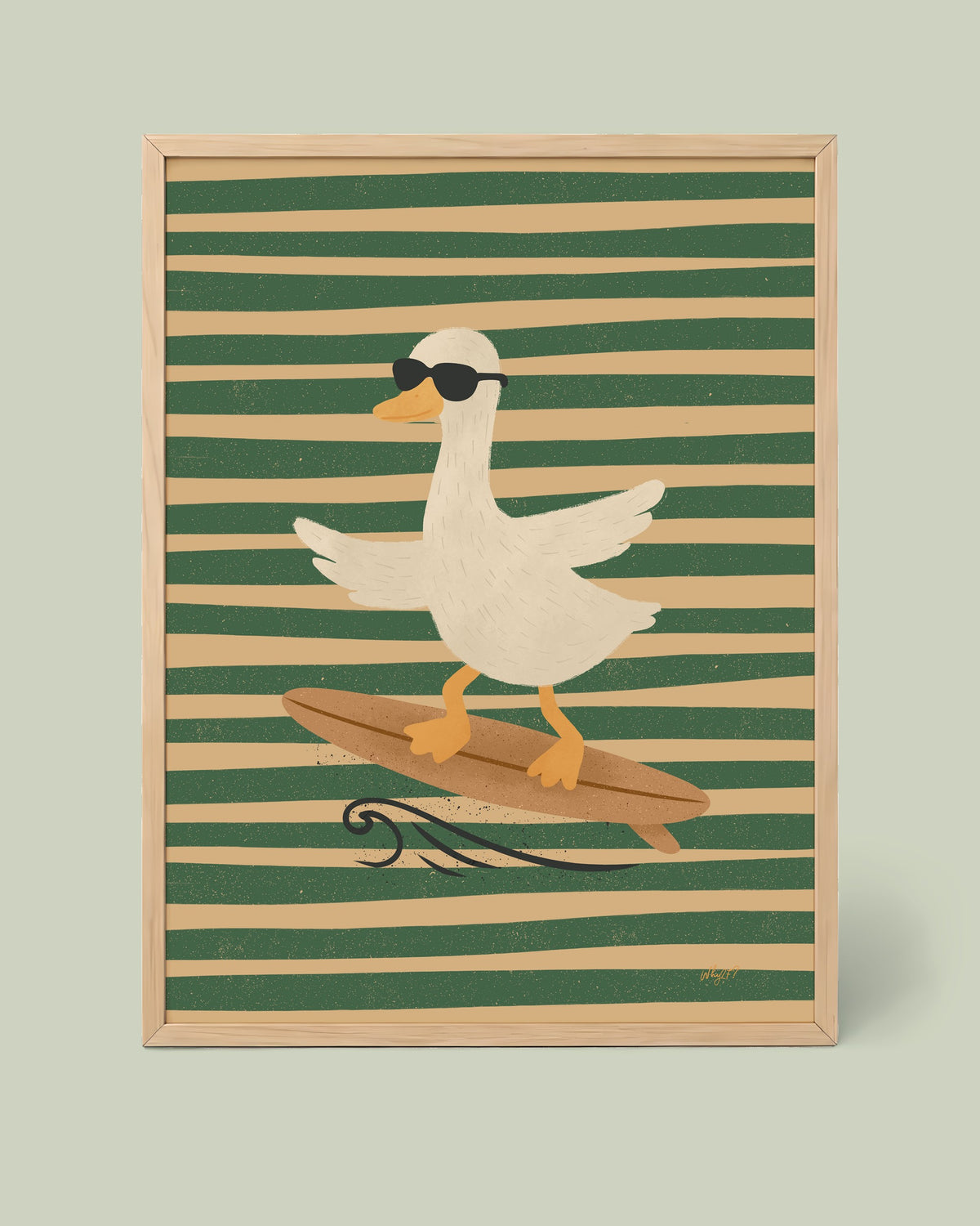 Surfing Duck Poster framed in a natural wood frame