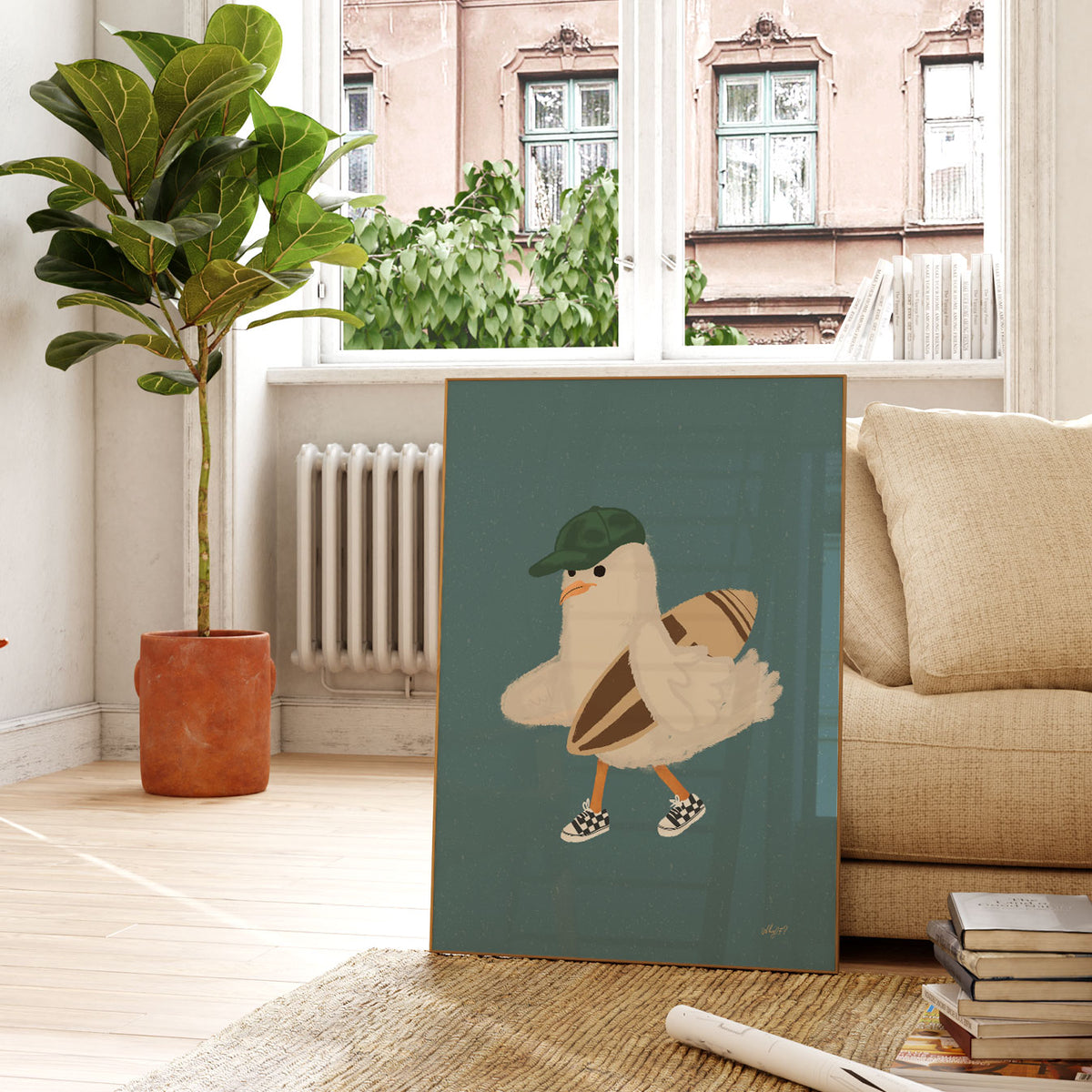 Seagull With A Surfboard Poster