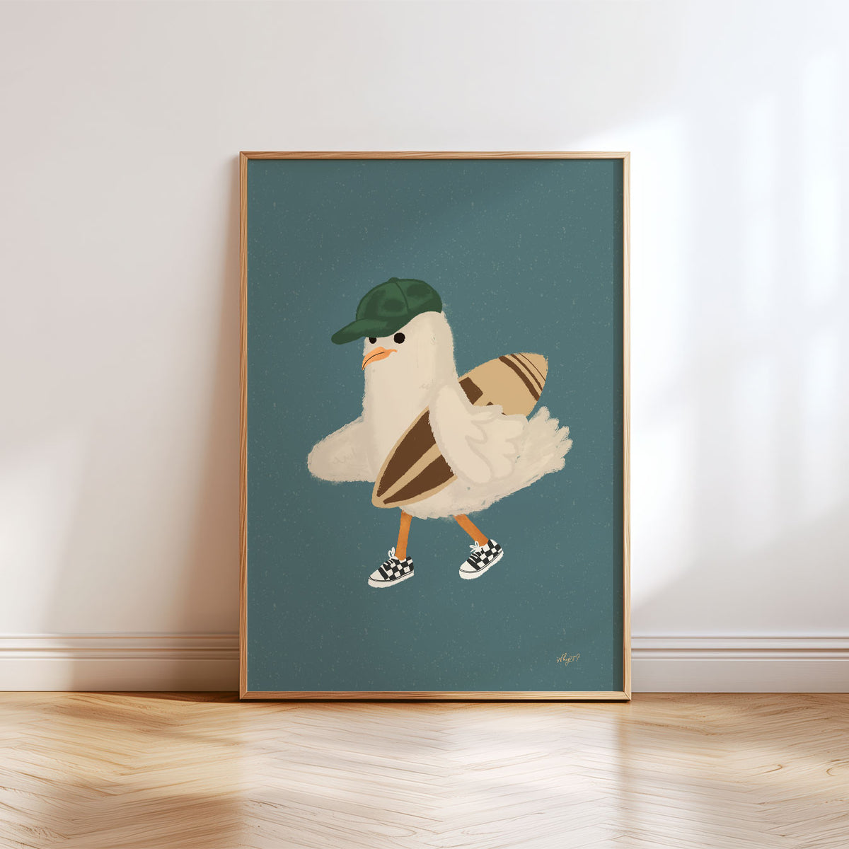Seagull With A Surfboard Poster