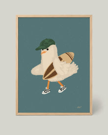 Möwe mit Surfbrett Poster
