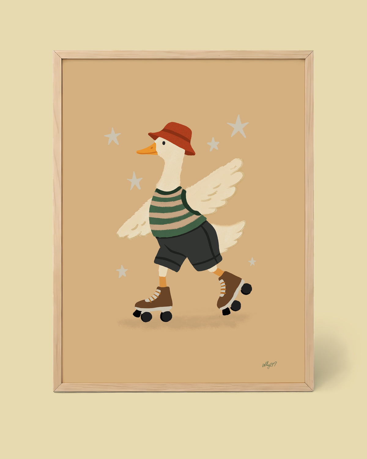 Roller Skating Goose Sand Poster framed in a natural wood frame