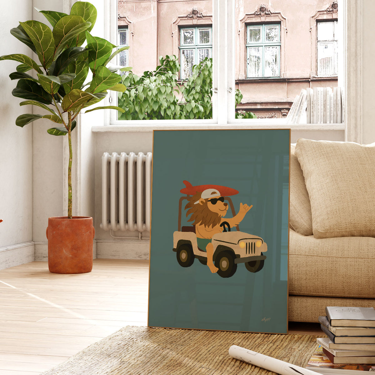 Lion Jeep Green Poster
