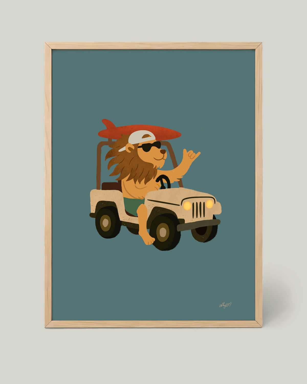 Lion Jeep Green Poster framed in a natural wood frame